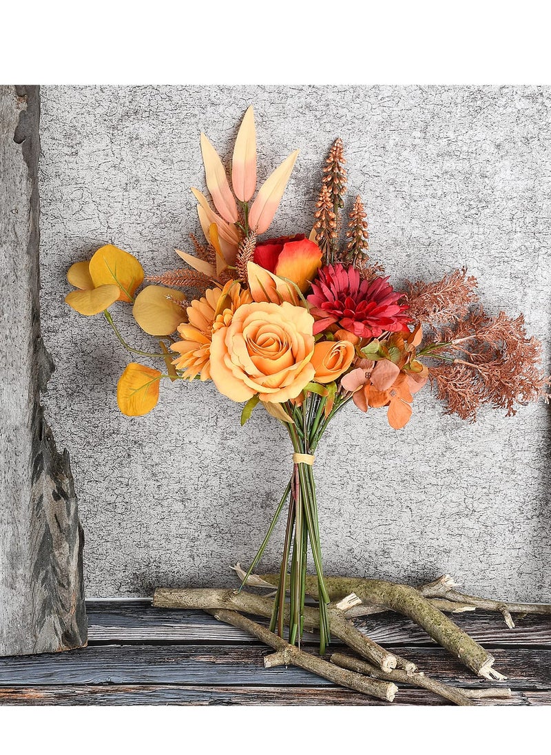 One Bundle Artificial Fall Flowers Fake Silk Roses Sunflowers Hydrangea, Bridal Bouquets for Home Party Baby Shower Wedding Decor,Orange-red