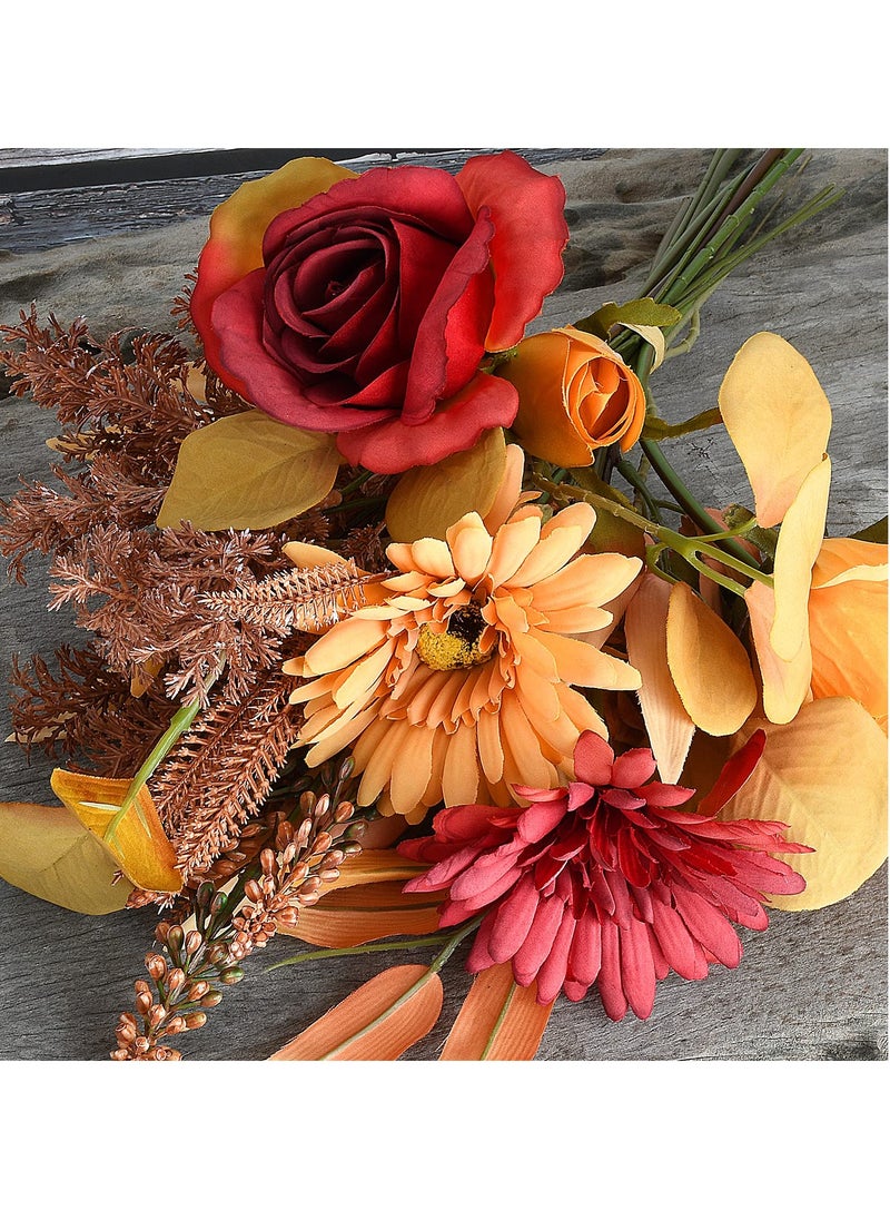 One Bundle Artificial Fall Flowers Fake Silk Roses Sunflowers Hydrangea, Bridal Bouquets for Home Party Baby Shower Wedding Decor,Orange-red