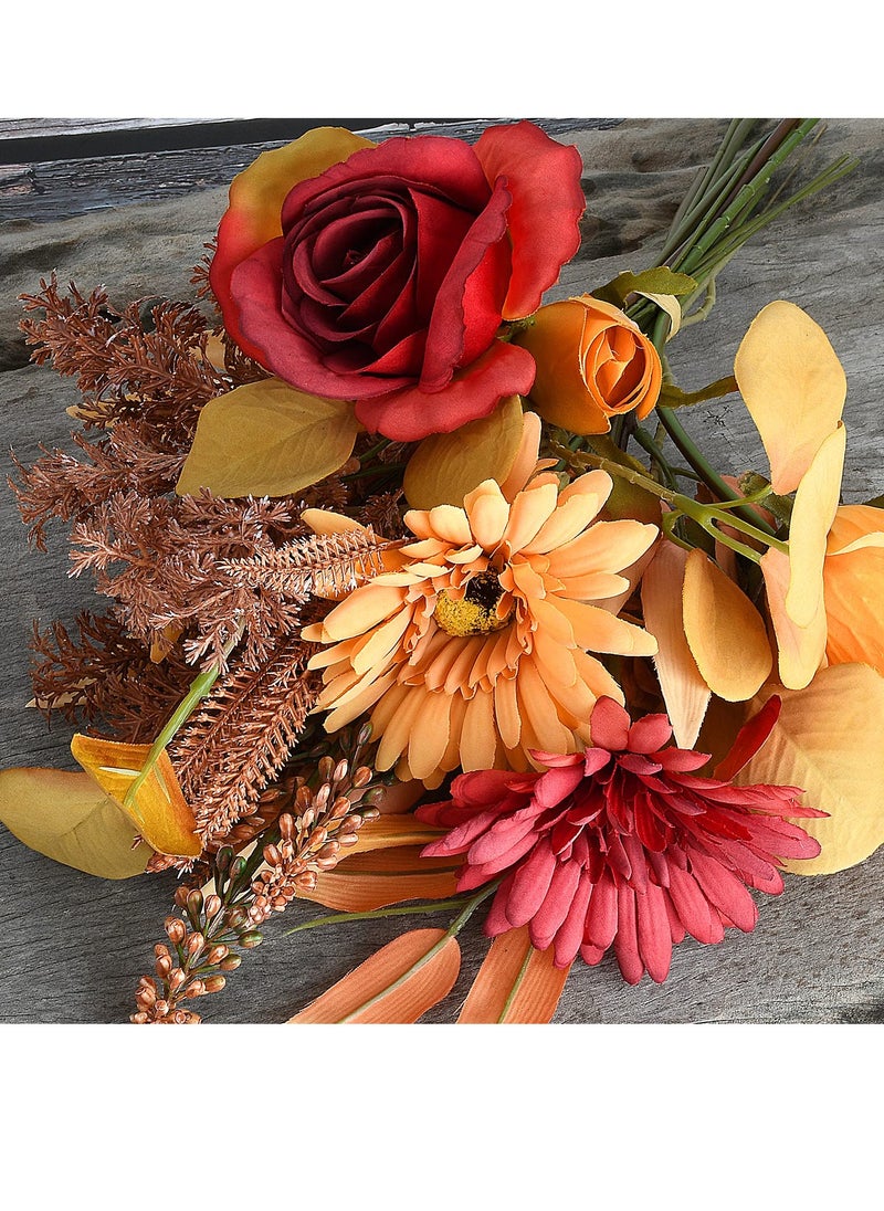 One Bundle Artificial Fall Flowers Fake Silk Roses Sunflowers Hydrangea, Bridal Bouquets for Home Party Baby Shower Wedding Decor,Orange-red