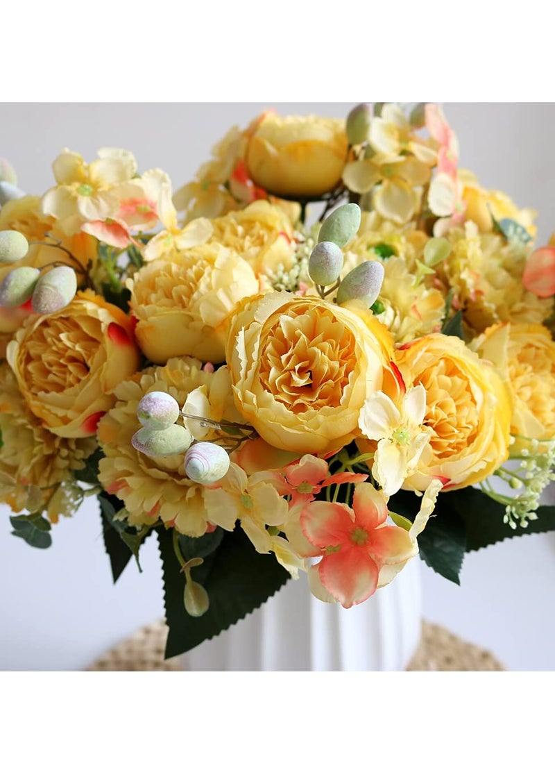 2Pcs Yellow Artificial Flower Bouquet - Silk Peony u0026 Hydrangea with Realistic Carnations u0026 Berries | Elegant Table Centerpieces u0026 Wedding Decor