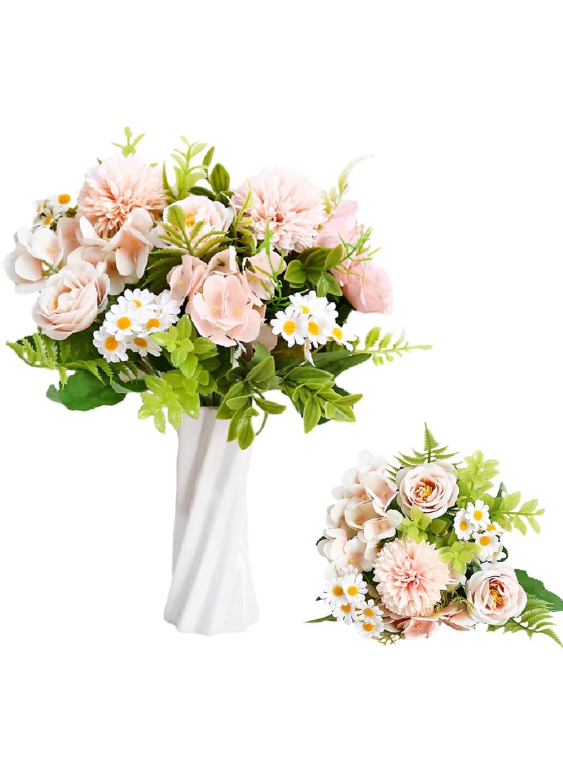 3 Pcs Mixed Artificial Rose and Daisy Flower Bouquets, Faux Fabric Flower Arrangements for Wedding Birthday Party Home Decor