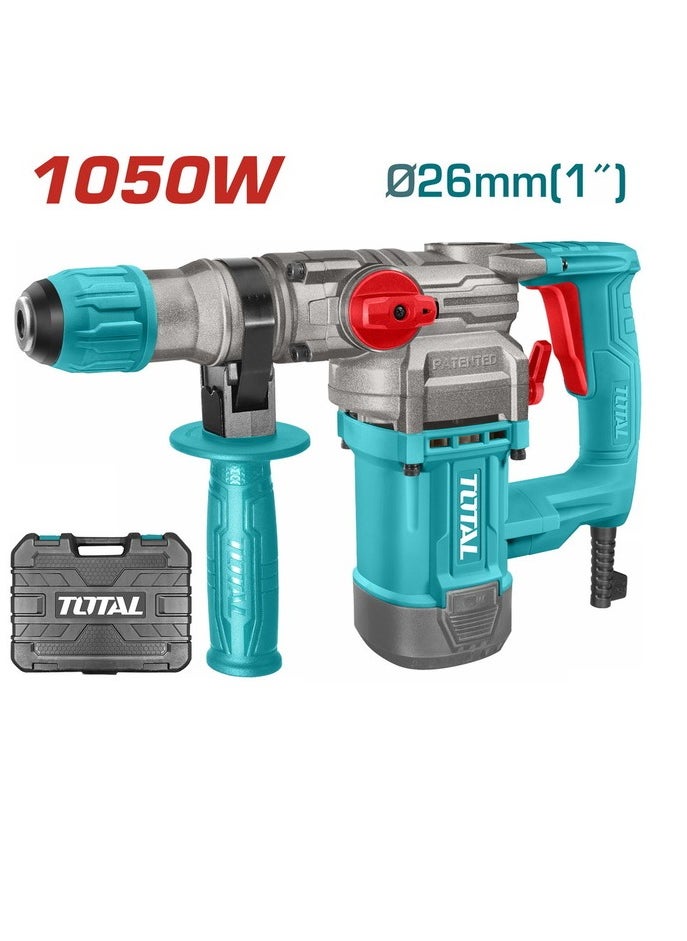 Total Rotary Hammer 1050W - 220-240V SDS-Plus System, 4.5J Impact Energy, 1100RPM, 3800BPM, Max Drilling 26mm Concrete, Includes 3 Drills & 2 Chisels - TH110266