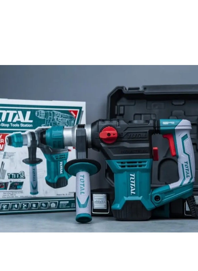 Total Rotary Hammer 1500W - 220-240V SDS-Plus, 5.5J Impact Energy, 850RPM, 4400BPM, Anti-Vibration, Max Drilling 32mm Concrete, Includes 3 Drills & 2 Chisels - TH1153216