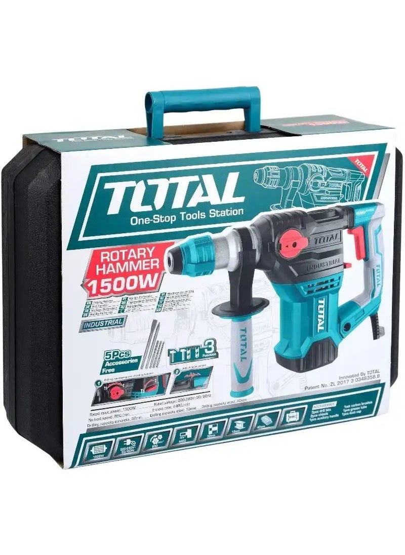 Total Rotary Hammer 1500W - 220-240V SDS-Plus, 5.5J Impact Energy, 850RPM, 4400BPM, Anti-Vibration, Max Drilling 32mm Concrete, Includes 3 Drills & 2 Chisels - TH1153216