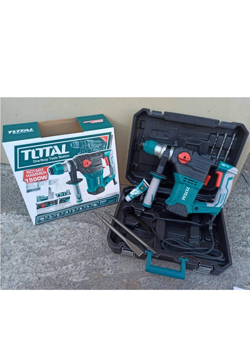 Total Rotary Hammer 1500W - 220-240V SDS-Plus, 5.5J Impact Energy, 850RPM, 4400BPM, Anti-Vibration, Max Drilling 32mm Concrete, Includes 3 Drills & 2 Chisels - TH1153216