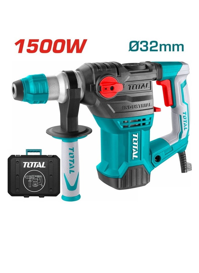 Total Rotary Hammer 1500W - 220-240V SDS-Plus, 5.5J Impact Energy, 850RPM, 4400BPM, Anti-Vibration, Max Drilling 32mm Concrete, Includes 3 Drills & 2 Chisels - TH1153216