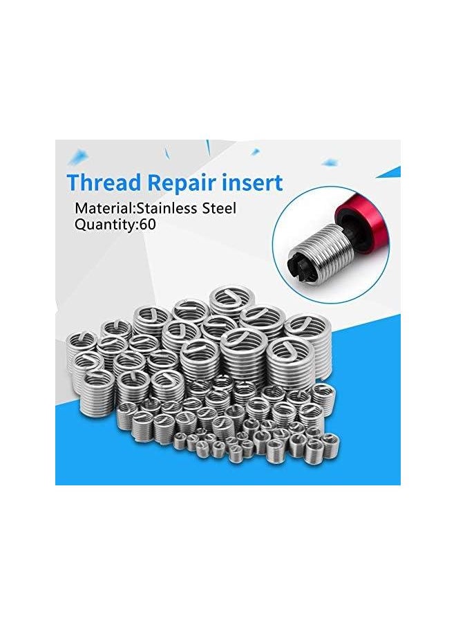 Thread Repair Kit, 60 Pcs Stainless Steel Wire Thread Inserts Helicoil Type Coiled Wire Screw Wire Sleeve Insert Assortment Kit with M3 M4 M5 M6 M8 M10 M12