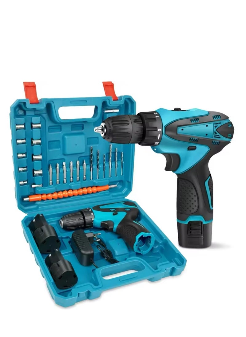 Cordless Drill Driver Set with 2 Battery and Box Lithium Screwdriver Repairing Tool Kit Brushless Motor Electric Screw Driver (Blue)