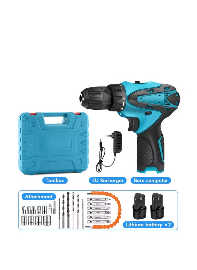 Cordless Drill Driver Set with 2 Battery and Box Lithium Screwdriver Repairing Tool Kit Brushless Motor Electric Screw Driver (Blue)