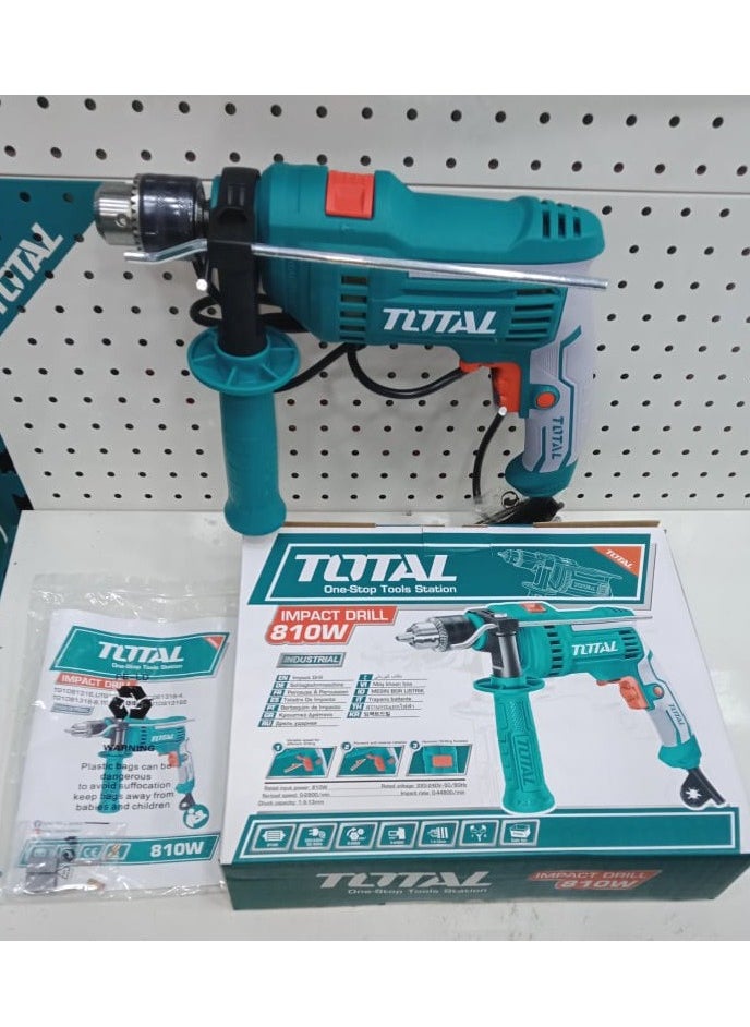 TOTAL Impact Drill 810W (TG1081316) – Powerful Electric Drill with Hammer Function, 13mm Max Drilling Capacity, Variable Speed, Forward/Reverse Switch, Includes Extra Carbon Brushes for DIY and Professional Use