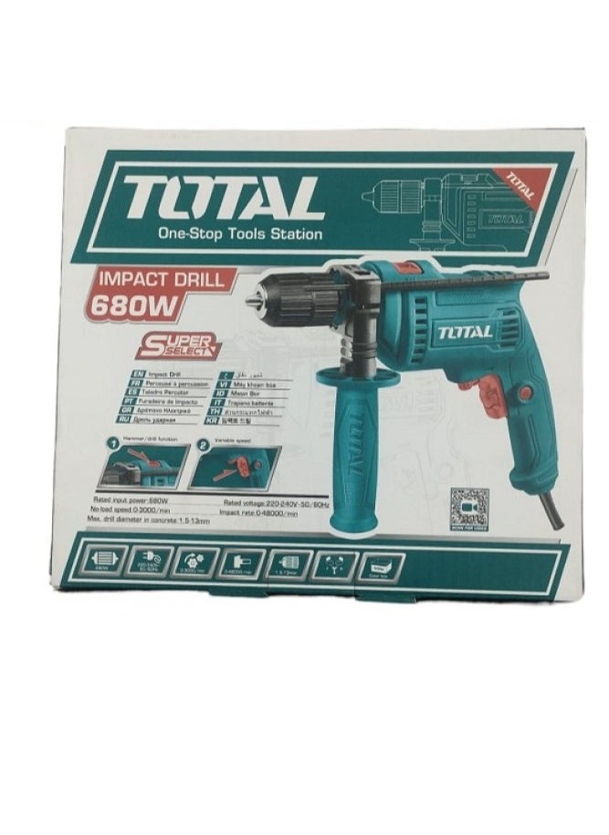 TOTAL Impact Drill 680W (TG1061356-2) – High-Power Electric Drill with Hammer Function, 13mm Max Drilling Capacity, Keyless Chuck, Variable Speed, Forward/Reverse Switch for DIY, Home Improvement & Construction