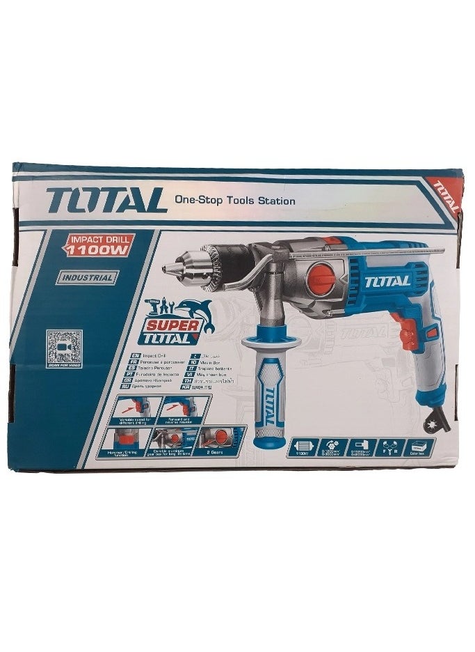 Total Impact Drill 1100W (TG211166) – Powerful Electric Drill for Drilling, Hammering, and Driving, 16mm Max Capacity, Variable Speed, Forward/Reverse, Aluminum Gearbox, Includes Extra Carbon Brushes