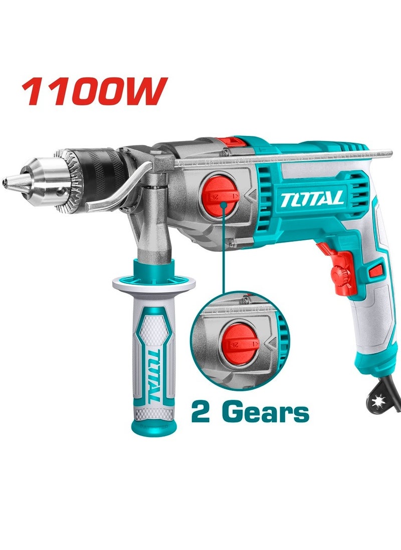 Total Impact Drill 1100W (TG211166) – Powerful Electric Drill for Drilling, Hammering, and Driving, 16mm Max Capacity, Variable Speed, Forward/Reverse, Aluminum Gearbox, Includes Extra Carbon Brushes