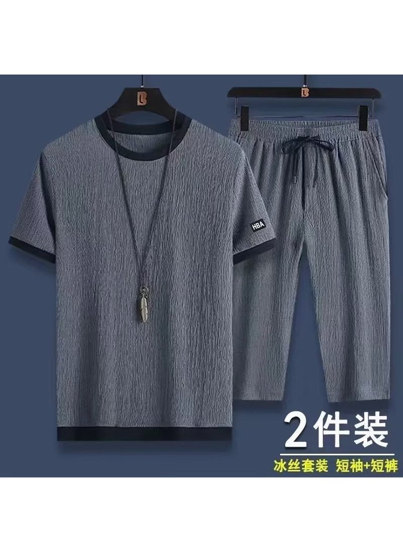 Mens Casual Sports Suit Spring Summer Slim-fit T-shirt Shorts Set A03 suit Gray