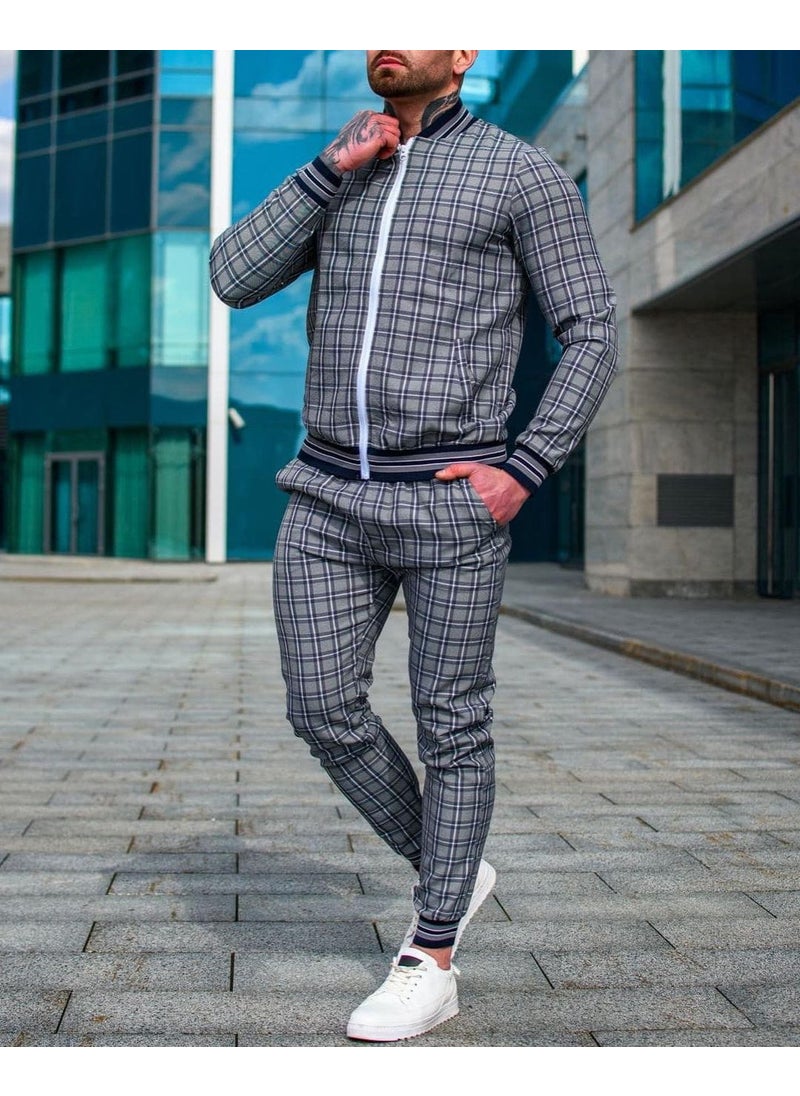 Slim Mens Casual Tracksuit Autumn Fashion Grey-(Plaid suit)