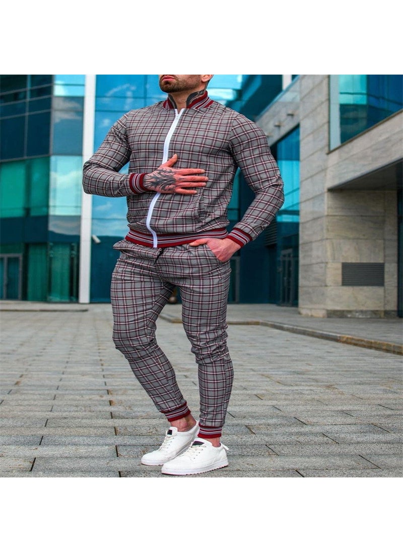 Slim Mens Casual Tracksuit Autumn Fashion Grey-(Plaid suit)