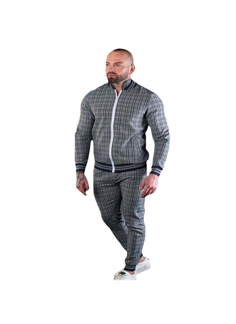 Slim Mens Casual Tracksuit Autumn Fashion Grey-(Plaid suit)