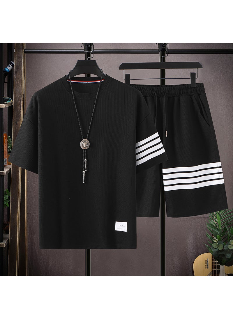 1 x 5 pcs Summer Waffle Mens Sports Suit Short Set Black