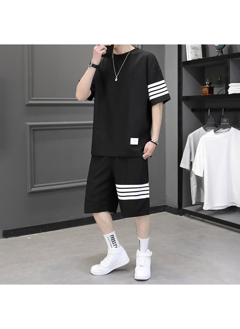 1 x 5 pcs Summer Waffle Mens Sports Suit Short Set Black