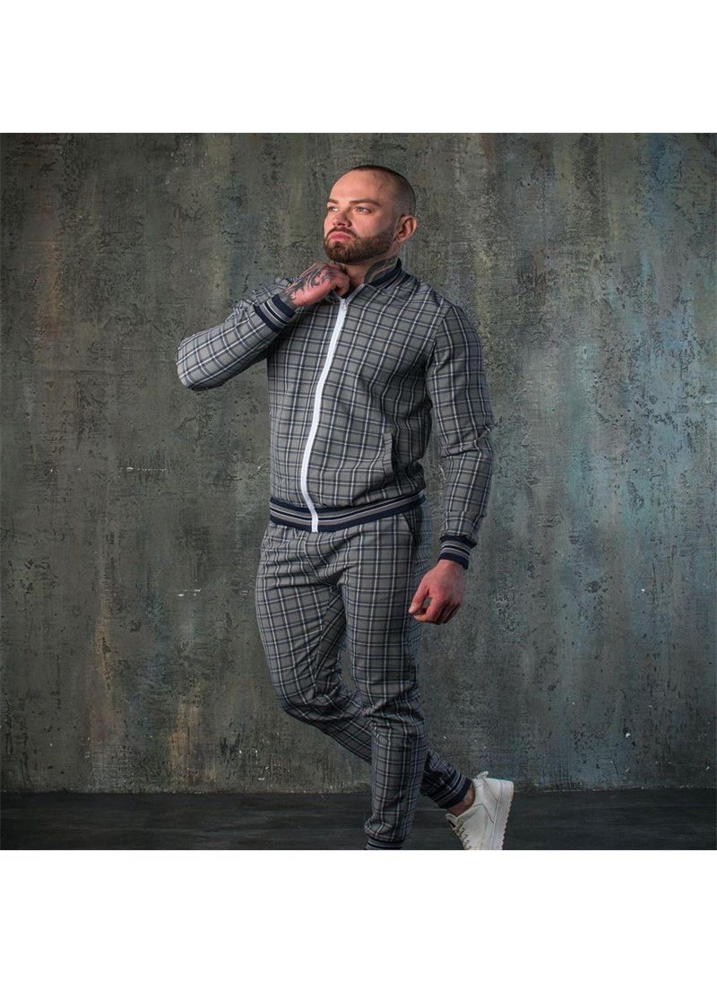 1 x 5 pcs Slim Mens Casual Tracksuit Autumn Fashion Red-(plaid suit)
