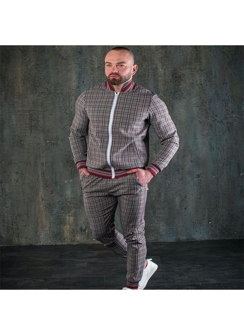 1 x 5 pcs Slim Mens Casual Tracksuit Autumn Fashion Red-(plaid suit)