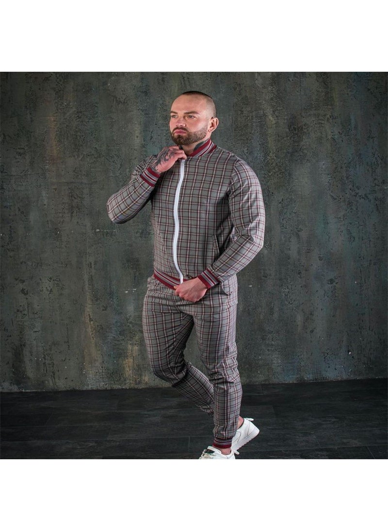 1 x 5 pcs Slim Mens Casual Tracksuit Autumn Fashion Red-(plaid suit)