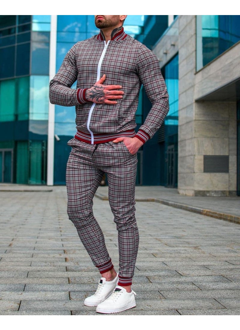 1 x 5 pcs Slim Mens Casual Tracksuit Autumn Fashion Red-(plaid suit)