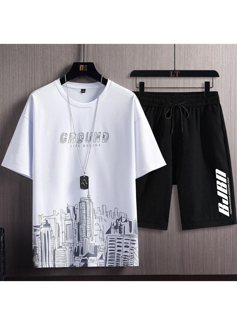 Sports Suit Mens Summer 2023 New Fashionable Simple Half-sleeve Thin T-shirt Casual Shorts Set of Collocation City white suit