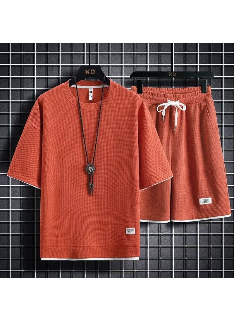 Mens Summer Cool Waffle Casual Sportswear Set A01 suit Orange