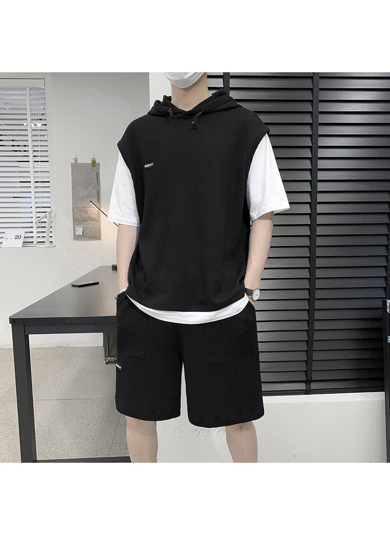 1 x 5 pcs 2023 Summer Mens Sportswear 2-Piece Set Black