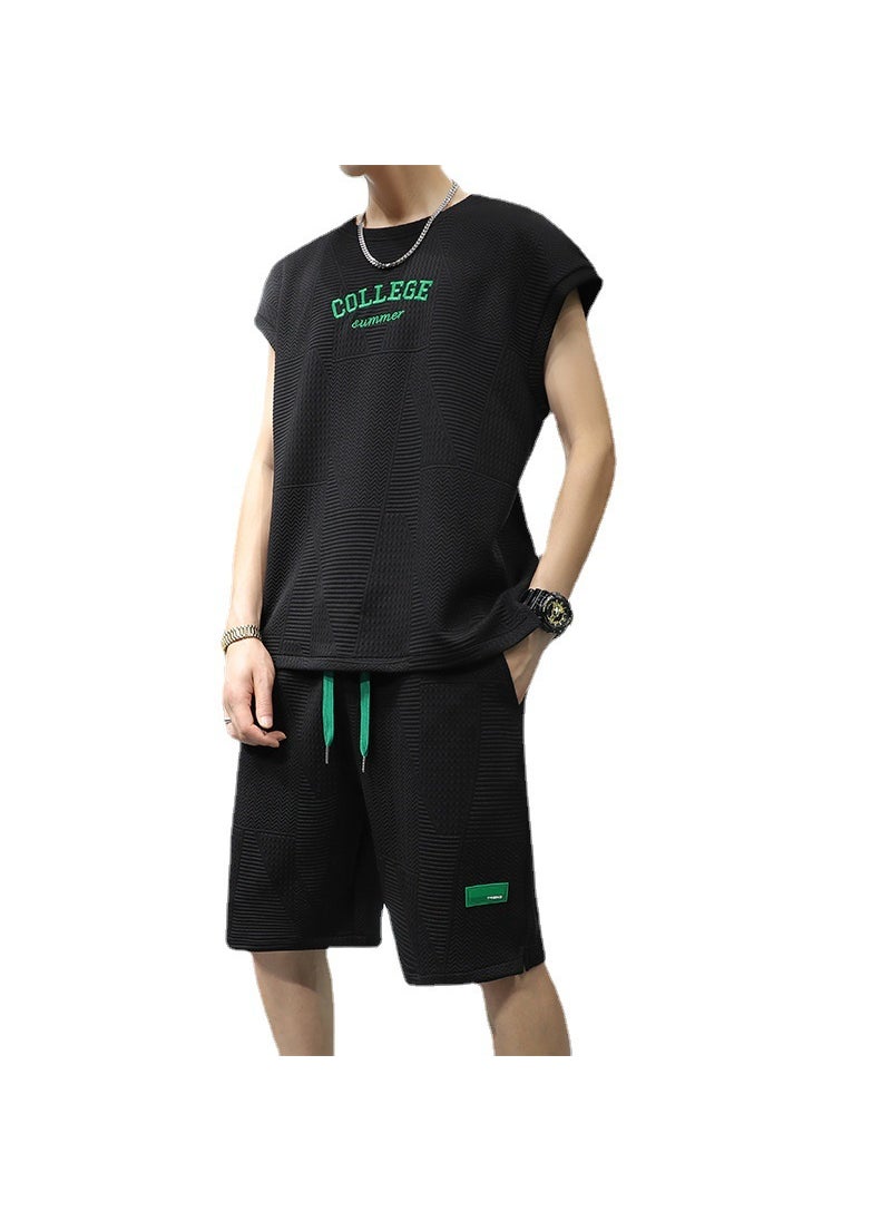 Mens Sleeveless Tee and Shorts Set for Summer Basketball and Fitness Black