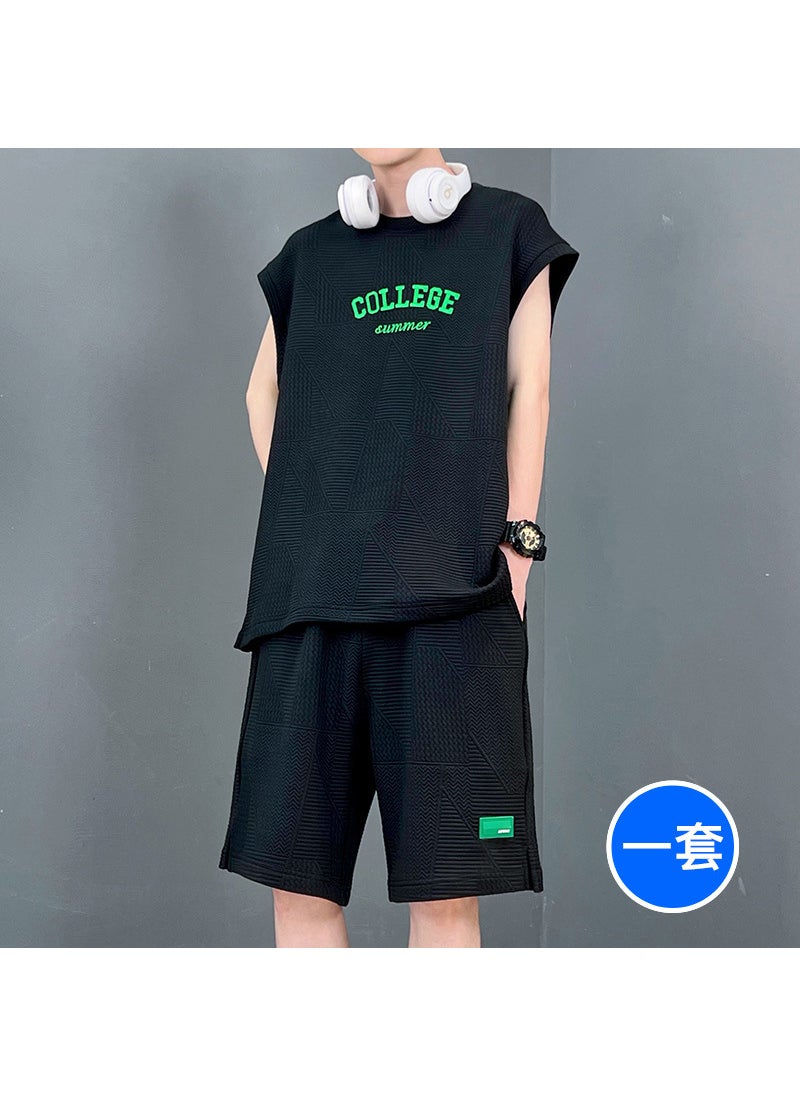 Mens Sleeveless Tee and Shorts Set for Summer Basketball and Fitness Black