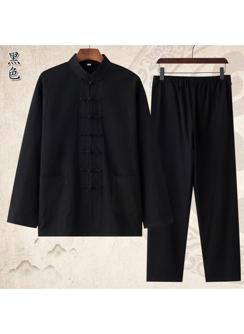 Summer Linen Chinese Style Tang Suit Mens Long-Sleeved Training Suit Mens Buckle Lay-Collar Chinese Tai Chi Shirt Black suit with seven buttons