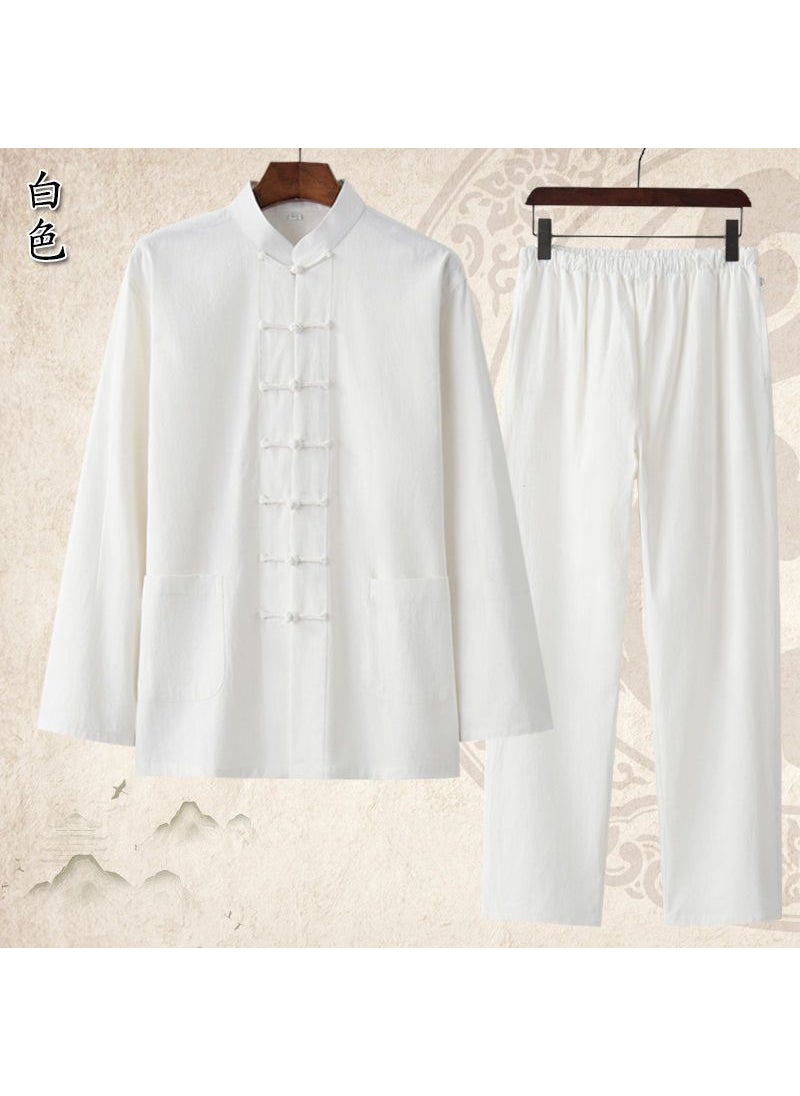 Summer Linen Chinese Style Tang Suit Mens Long-Sleeved Training Suit Mens Buckle Lay-Collar Chinese Tai Chi Shirt White suit with seven buttons