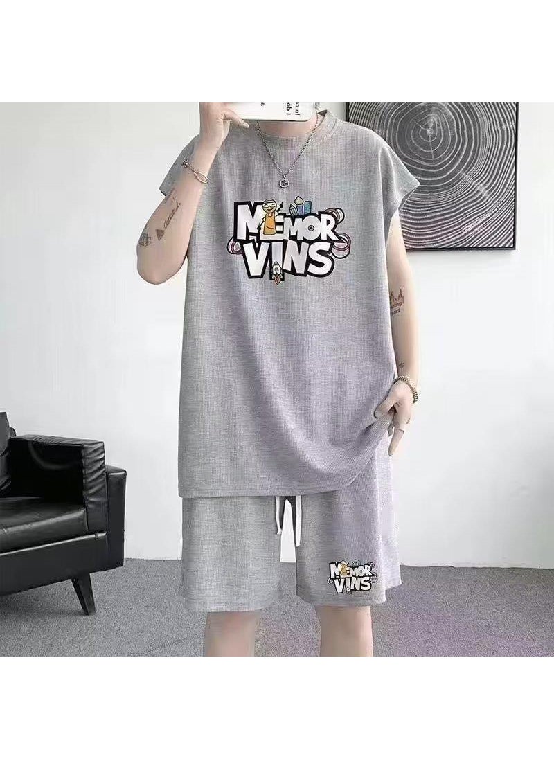 1 x 5 pcs Mens Summer Waffle Casual Plus-Size Tank Shorts Set Gray