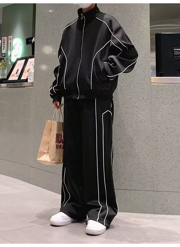 Mens Casual Sports Suit Spring Autumn Loose Black