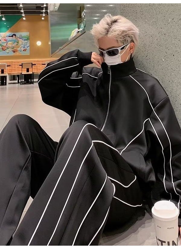 Mens Casual Sports Suit Spring Autumn Loose Black