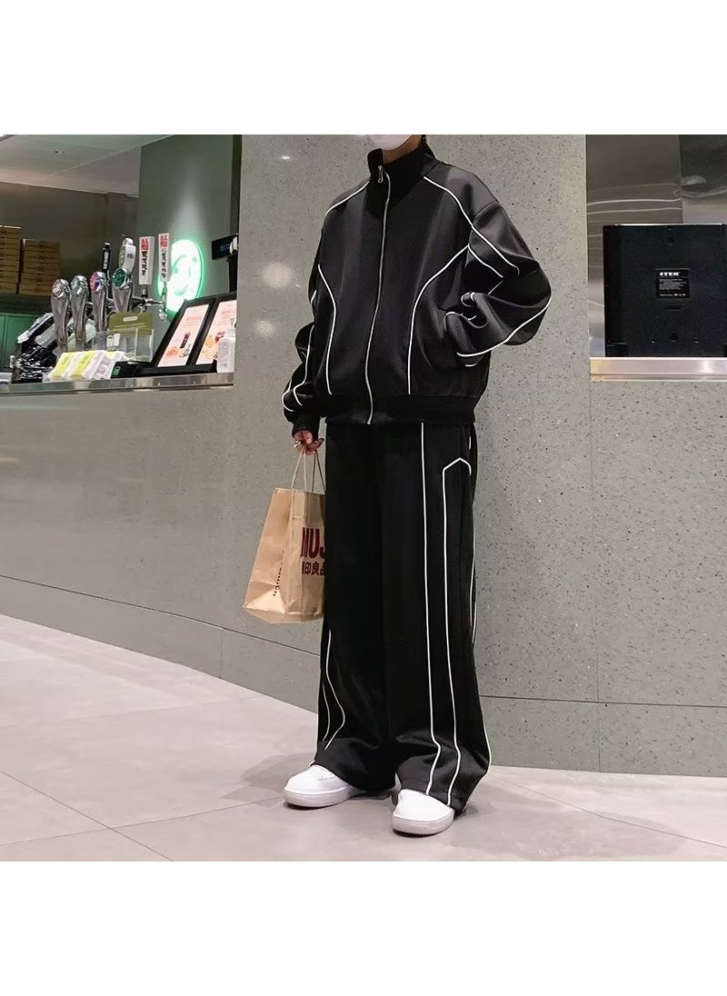 Mens Casual Sports Suit Spring Autumn Loose Black