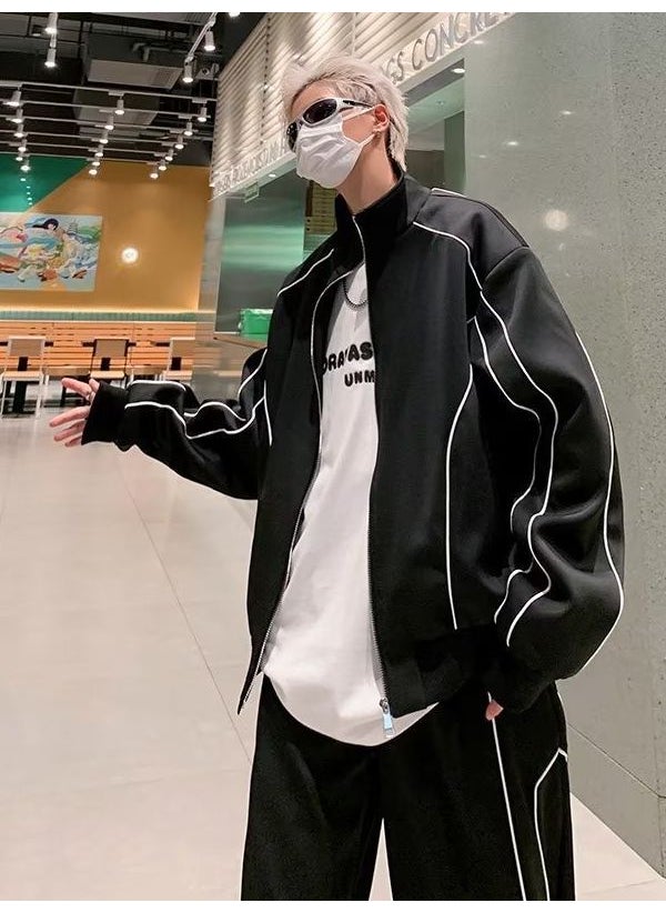 Mens Casual Sports Suit Spring Autumn Loose Black