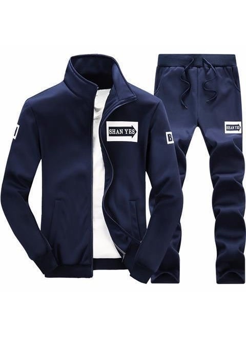 Mens Casual Sports Suit Spring Autumn D75 blue set [limited loss 10 with one hand and nothing]