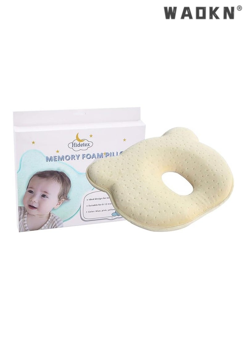 Baby Pillow - Preventing Flat Head Syndrome (Plagiocephaly) for Your Newborn Baby，Made of Memory Foam Head- Shaping Pillow and Neck Support (0-12 Months) (Yellow)