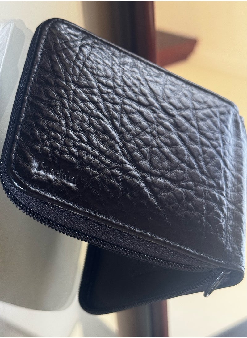 classic black leather wallet boasts a sleek and sophisticated look that never goes out of style.