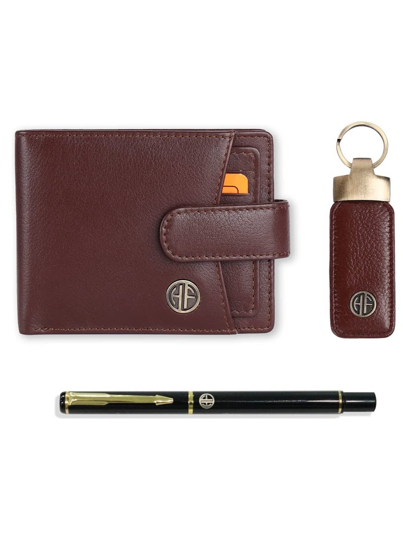 Gift for Men - Men's Leather Wallet, Keychain, and Ball Pen Combo -  Leather, 5 ATM Card Slots and More - Gift Set for Husband, Boyfriend, Father - Redwood Brown | HF502LNBR_KR_PEN | C8GD