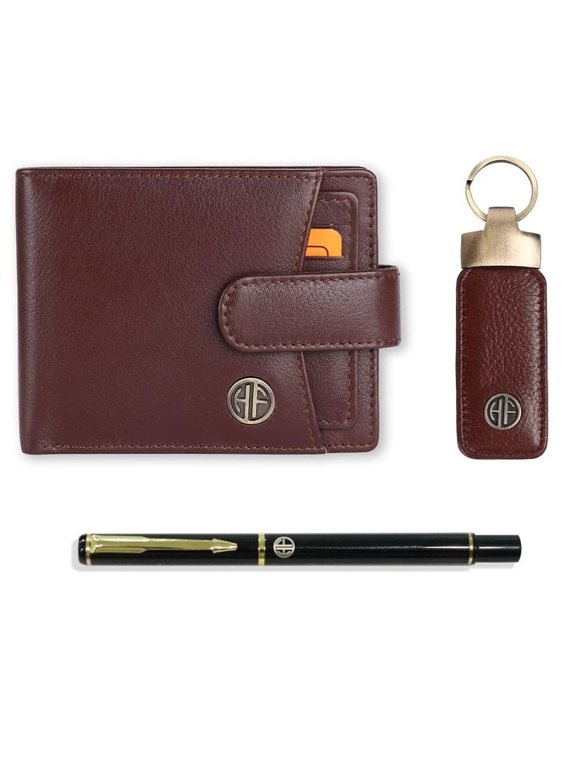 Gift for Men - Men's Leather Wallet, Keychain, and Ball Pen Combo -  Leather, 5 ATM Card Slots and More - Gift Set for Husband, Boyfriend, Father - Redwood Brown | HF502LNBR_KR_PEN | C8GD