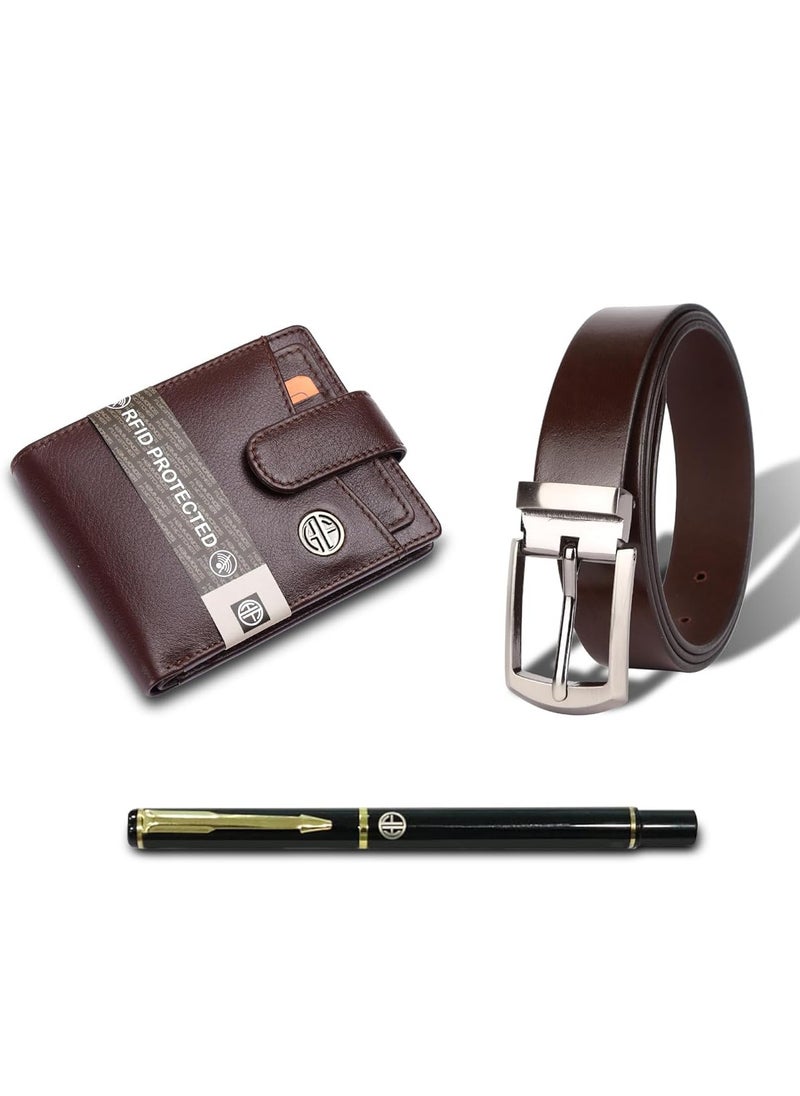 Wallet and Belt Set with Ball Pen | 5 ATM Credit/Debit Card Slots | Fits Waist 28-46 | Ideal Birthday or Special Occasion Gift | Redwood Brown