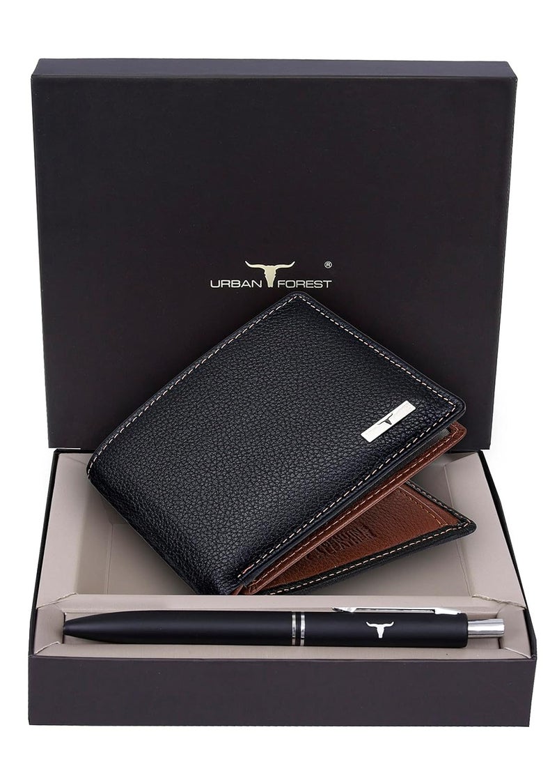 URBAN FOREST Black/Redwood Leather Wallet & Pen Combo Gift Set for Men