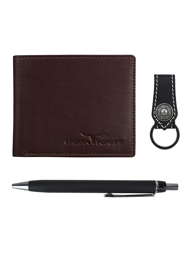 URBAN FOREST James Leather Wallet Combo for Men - Classic Medium Brown Men's Leather Wallet, Keyring & Pen Combo Gift Set for Men