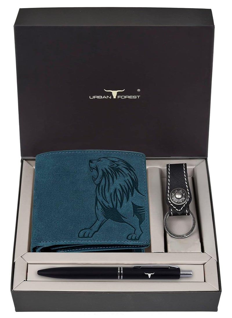 Vintage Blue Leather Wallet + Black Pen + Keychain Combo Gift Set for Men