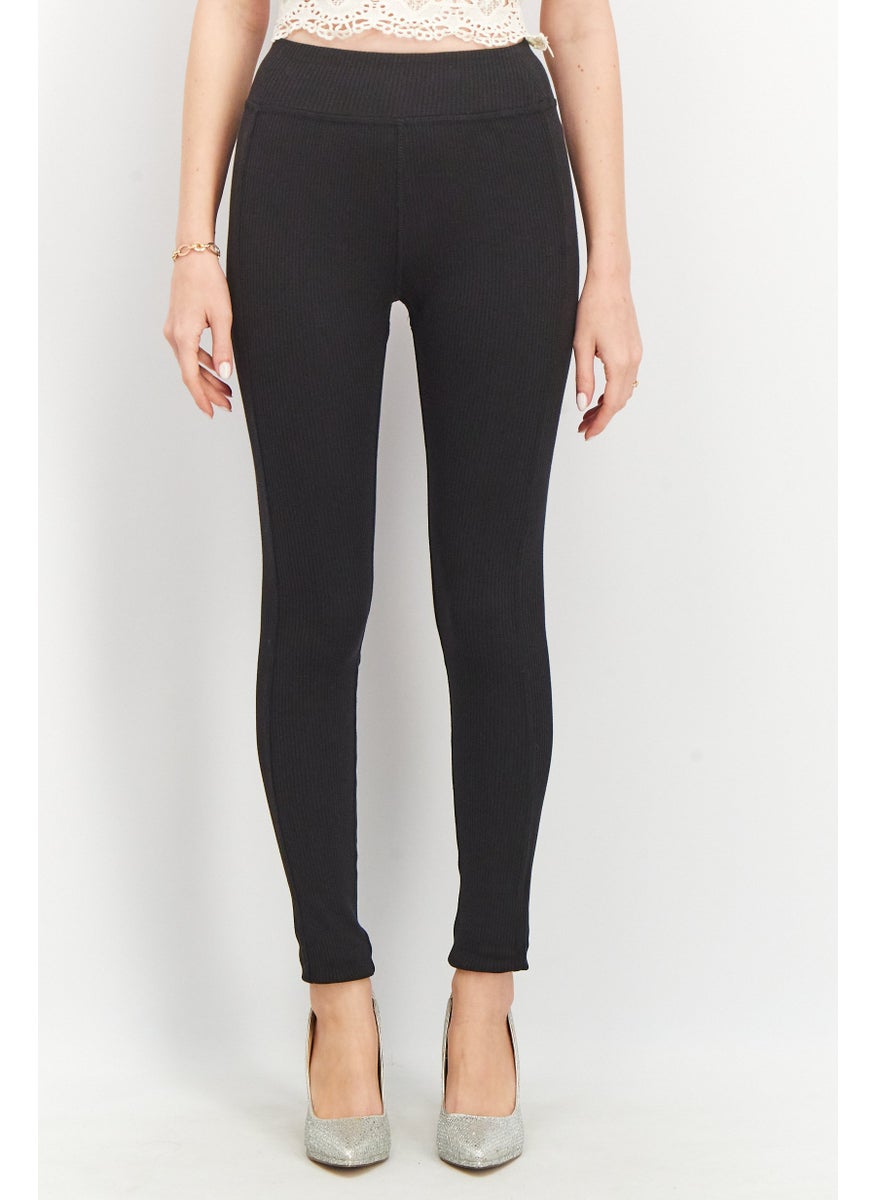 Women Ribbed Pull On Leggings, Black