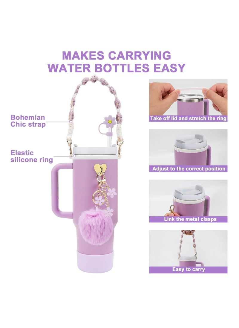 Stanley Cup Accessory Set includes Water Bottle Handle Strap, Silicone Stanley Cup Protector, Silicone Straw Cover, Stanley Charm for Stanley Cup 40oz and 30oz Glass (Purple)